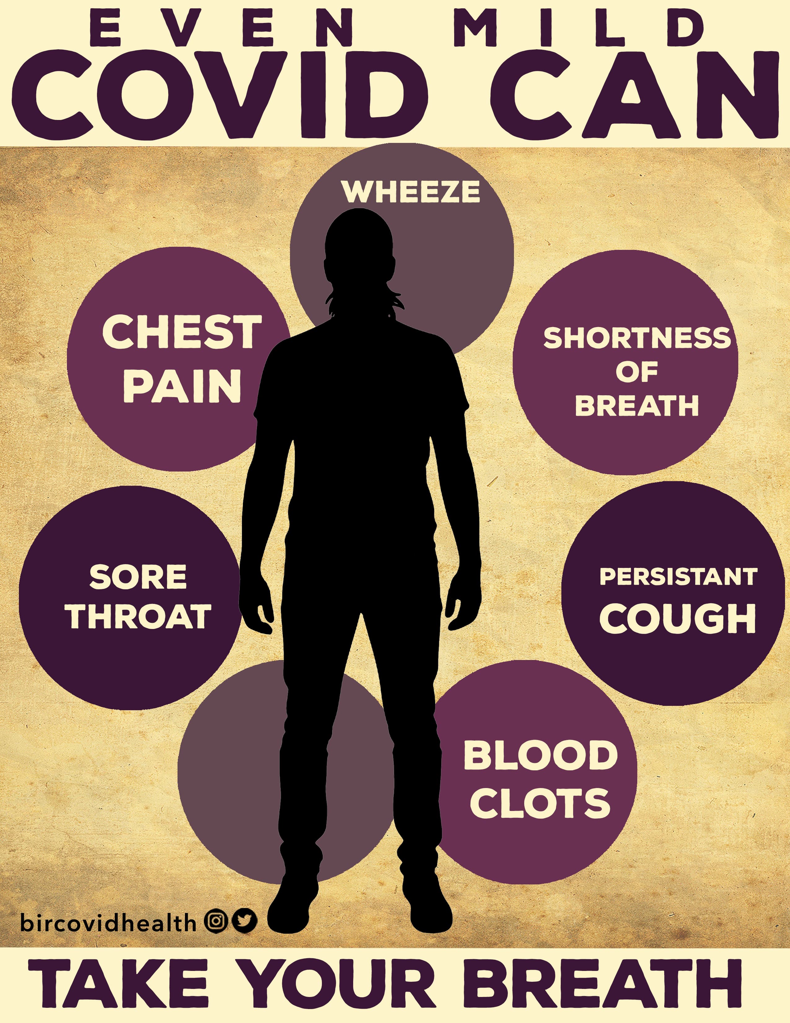 Public-health style poster with the phrase 'Take Your Breath' and a text list naming wheeze, chest pain, shortness of breath, sore throat, persistent cough, and blood clots.
