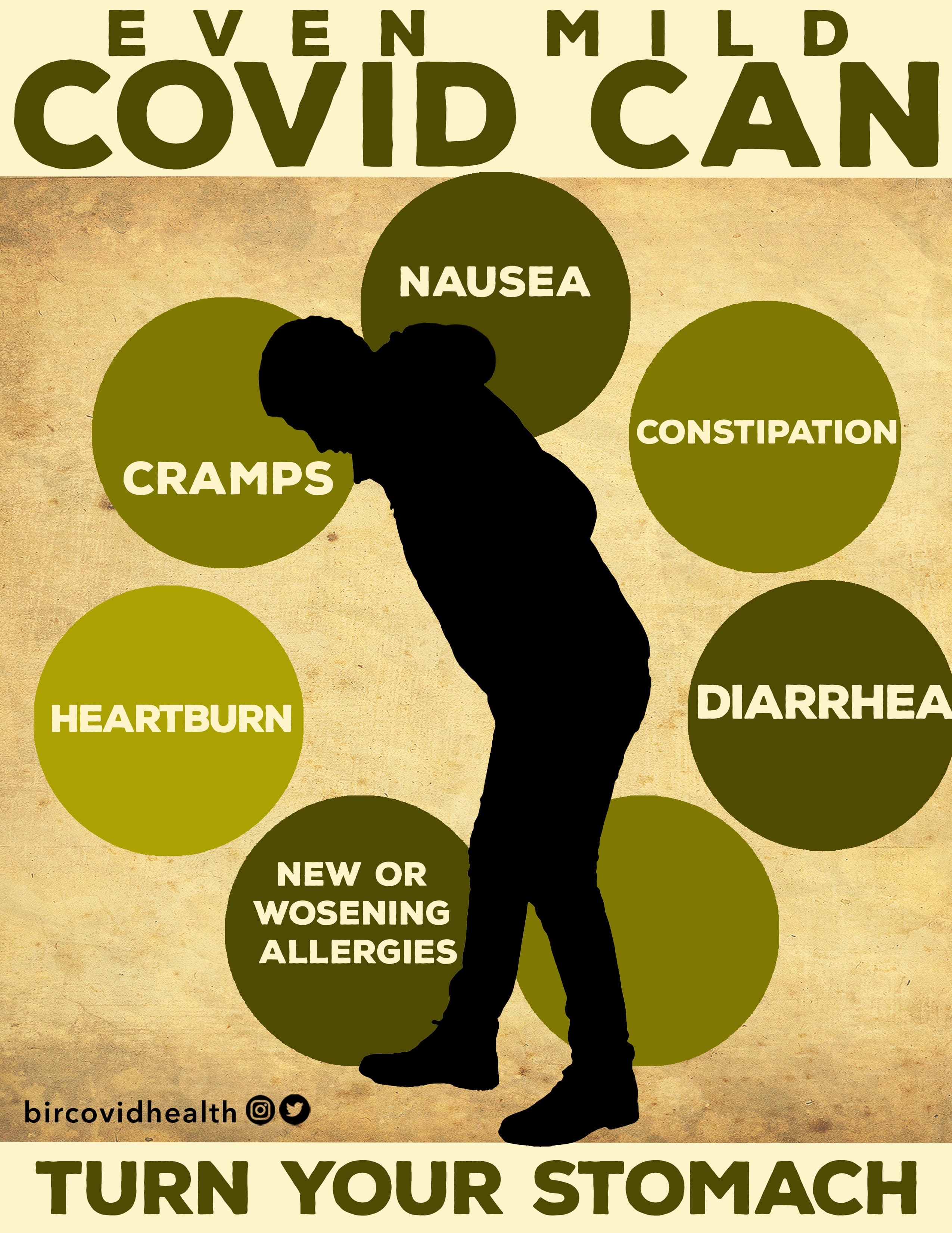 Poster with the phrase 'Turn Your Stomach' and a short symptom list that includes nausea, constipation, cramps, heartburn, and diarrhea.
