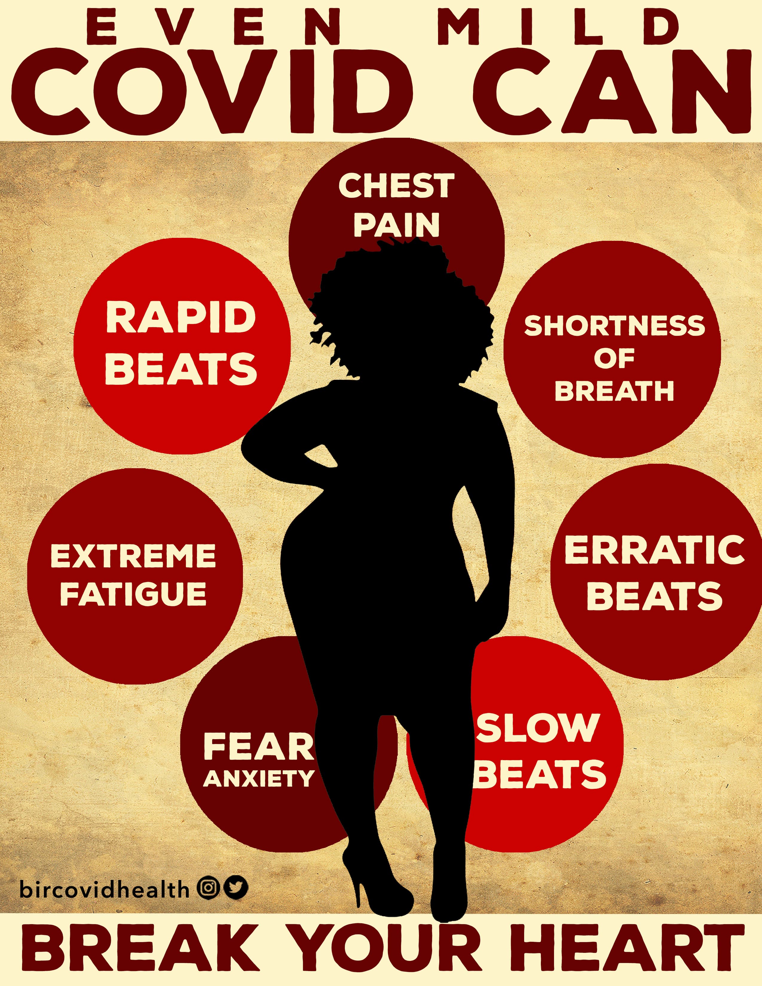 Public-health style poster with the phrase 'Break Your Heart' and text listing chest pain, rapid beats, slow beats, erratic beats, shortness of breath, extreme fatigue, fear, and anxiety.