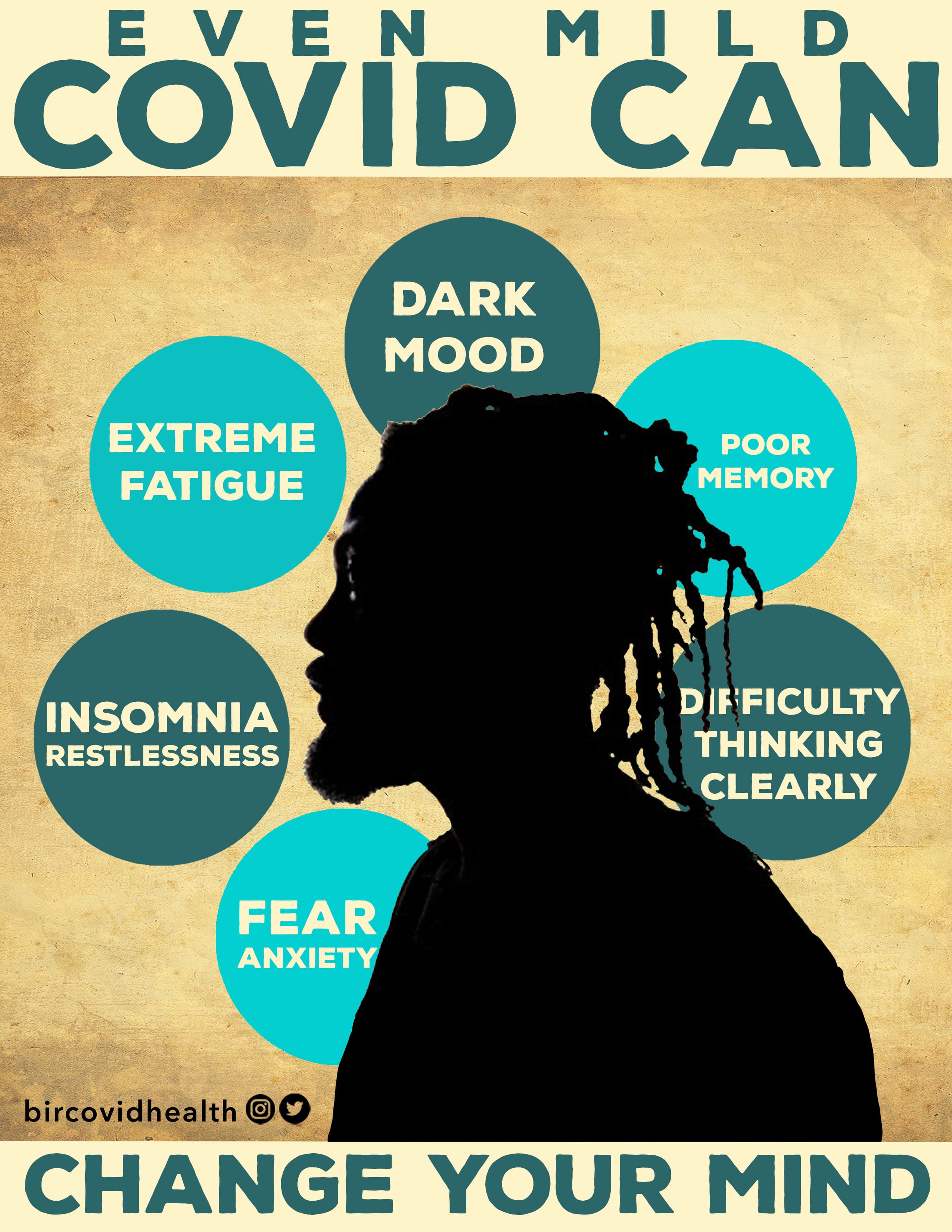 Poster with the phrase 'Change Your Mind' and a symptom list describing dark mood, poor memory, insomnia, restlessness, difficulty thinking clearly, fear, and anxiety.