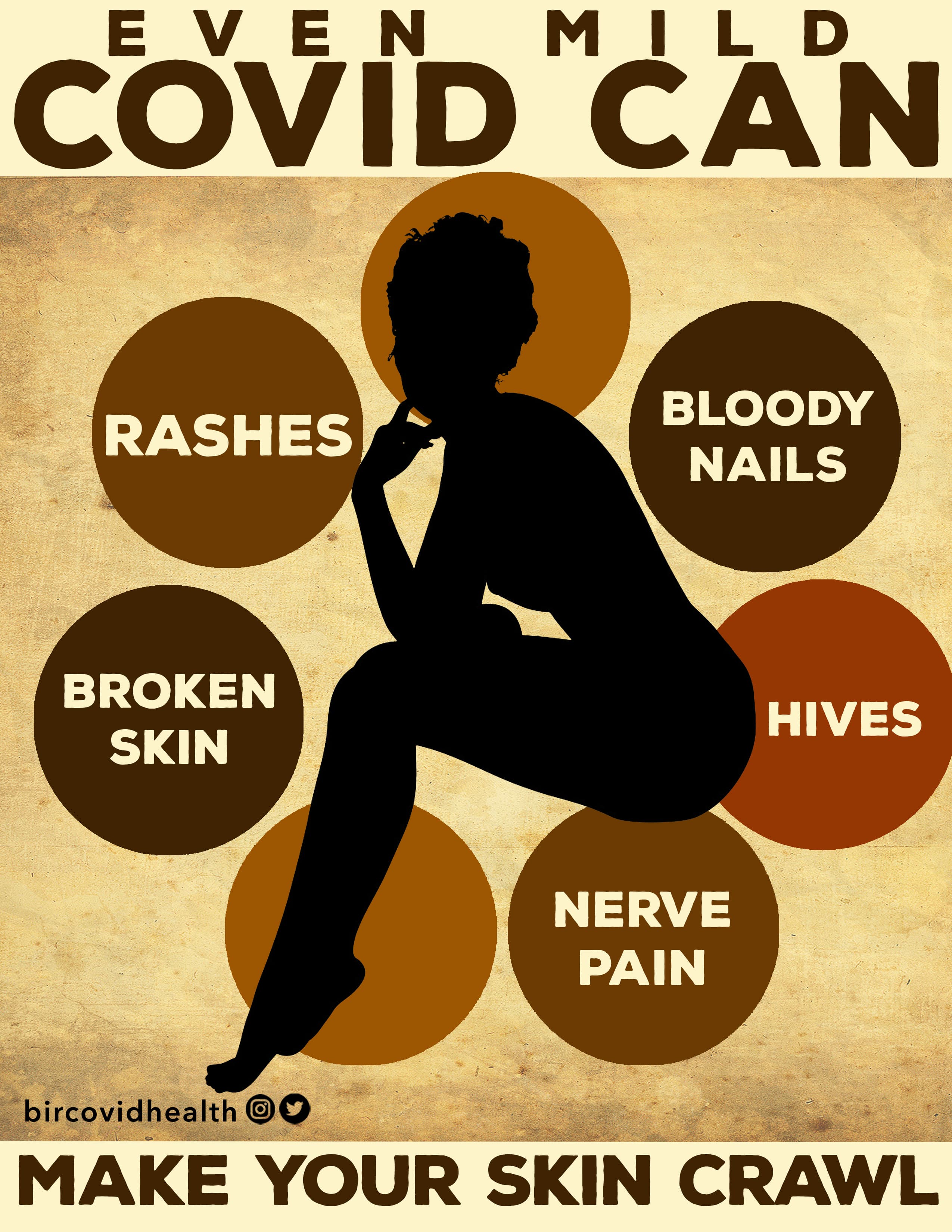 Poster with the phrase 'Make Your Skin Crawl' and a symptom list that includes rashes, bloody nails, broken skin, hives, and nerve pain.